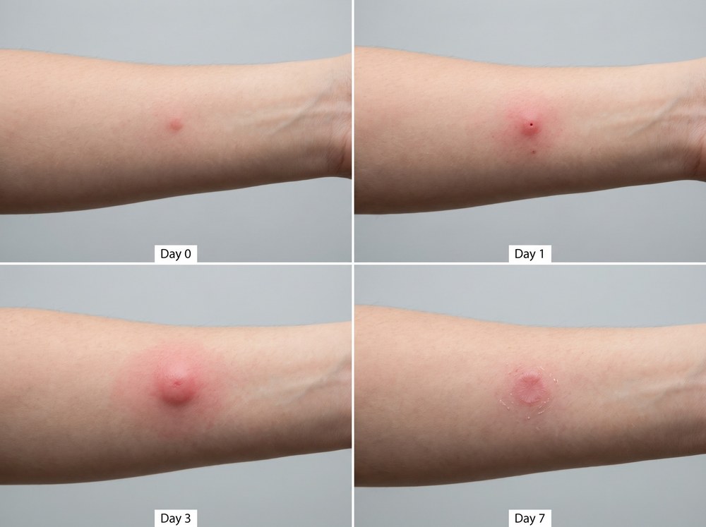 Side-by-side labeled comparison photo of a green lacewing bite bump next to a mosquito bite bump on skin for identification